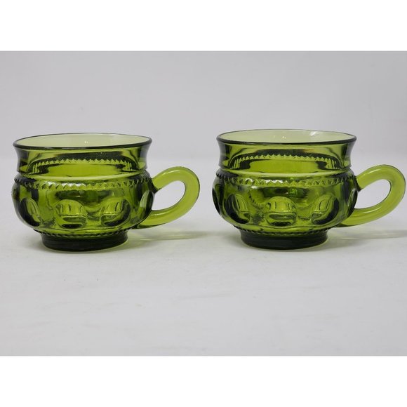 2 Vintage Indiana‎ Glass Avocado Green Kings Crown Thumbprint Coffee/Tea Cups - Picture 1 of 11